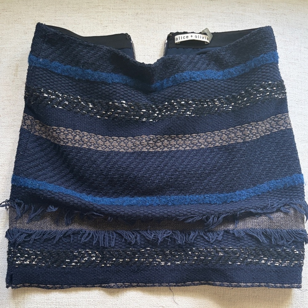 Alice + Olivia Navy and Blue Striped Fringe Mini Skirt